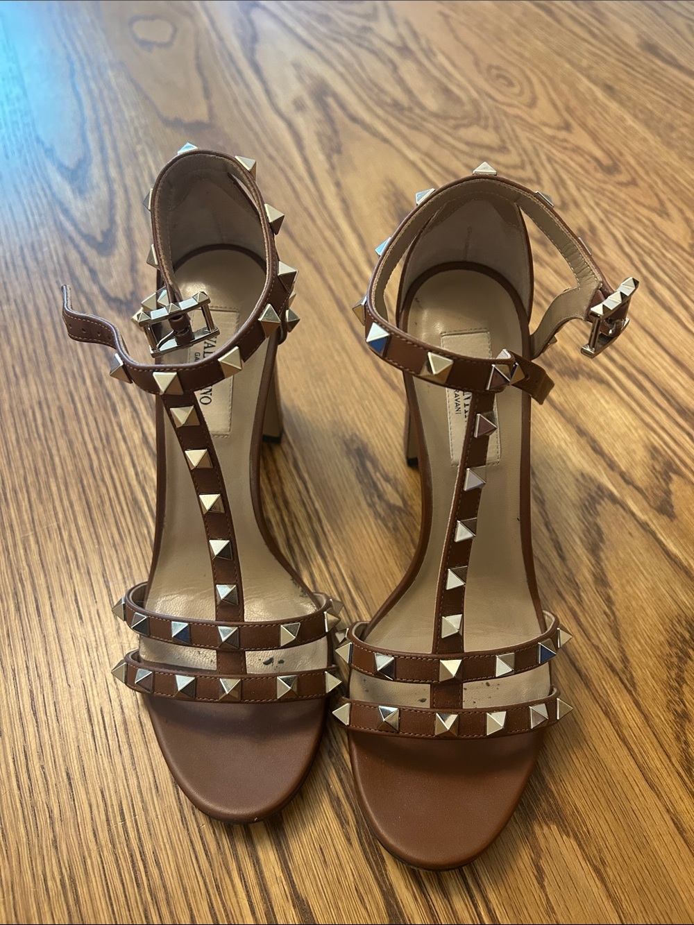 Valentino Garavani Brown Pyramid-Stud T-Strap High Heel Sandals